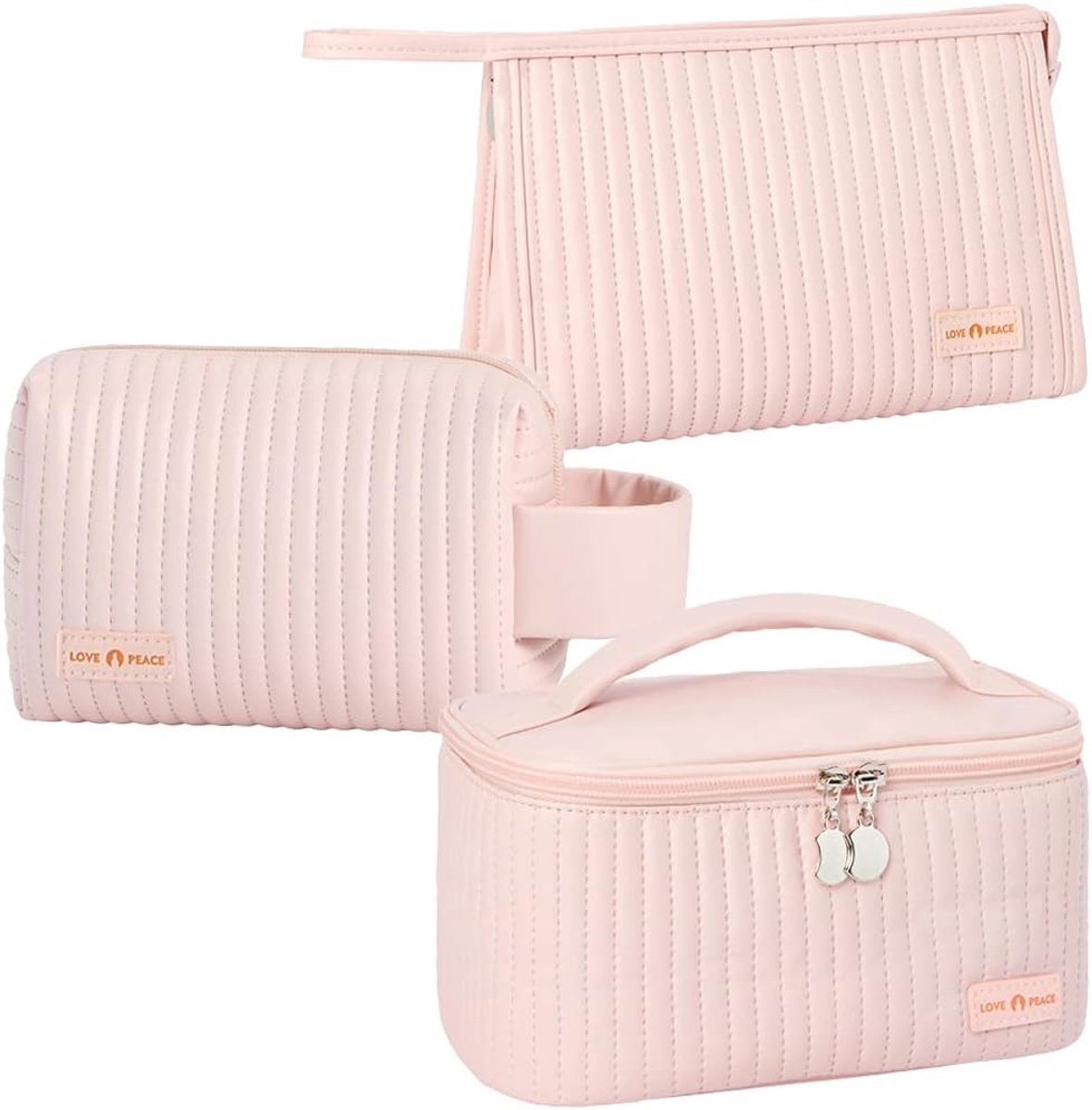 Thijox - Dames Make-uptas Set van 3 Stuks Waterdichte Leren Organizer, Multifunctionele Grote Cosmeticatas, PU Gestreepte Toilettas voor Reizen, Feest