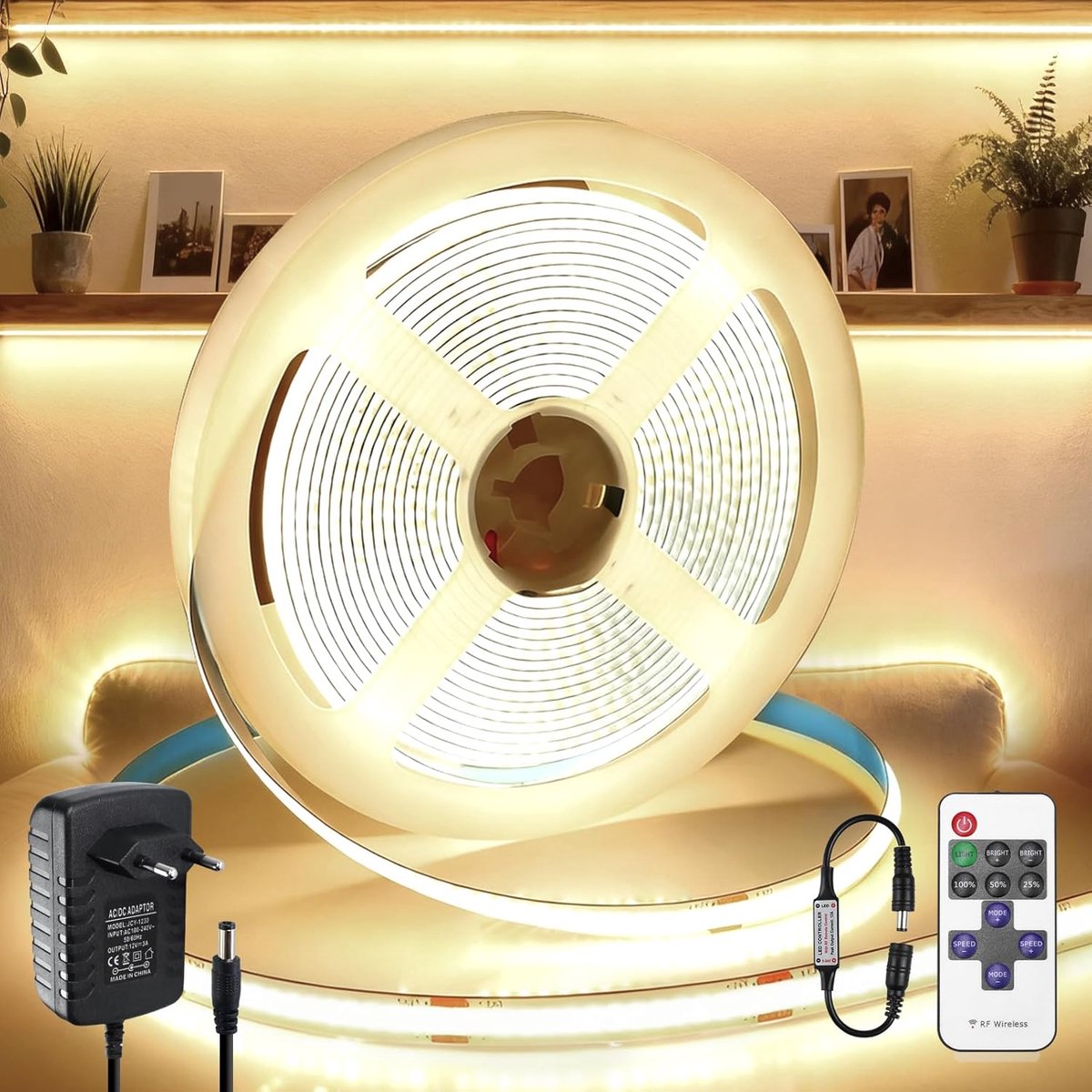 SnelShoppen - COB LED Strip 24V 5M Dimbaar Natuurlijke Wit 4000K 320LEDs/M Flexibel Zelfklevend 8MM Breed met Afstandsbediening - Perfect voor Bar, TV