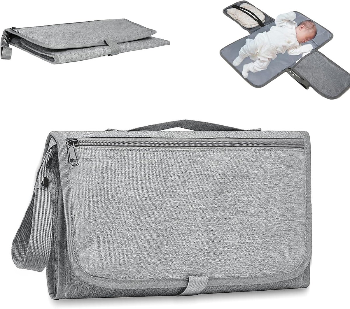 SnelShoppen - Multifunctionele Luiertas met Verplaatsbare Verschoonmat, Waterdichte Luiertas voor Luiers, Kleding en Kleine Voorwerpen, Oxford, Grijs,
