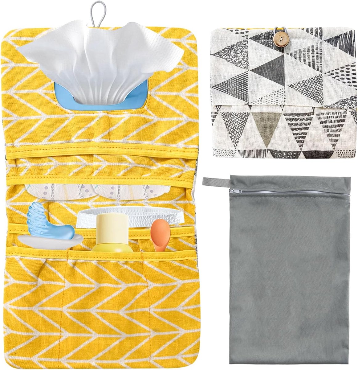 SnelShoppen - Luiertas Organiser 2-in-1 Crème Makkelijk Meeneembaar met Grijze Natzak voor Baby's en Kinderen, Compact en Handig voor Reizen