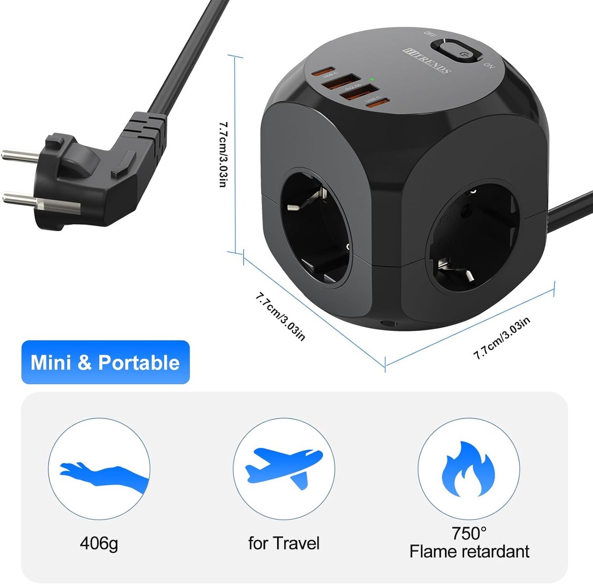 SnelShoppen - 8-in-1 Cube Power Strip, 4 Geaarde Stopcontacten, 2 x USB-C, 2 x USB-A, 2m Kabel, Compacte Stekkerdoos voor Thuis en Kantoor (Zwart)