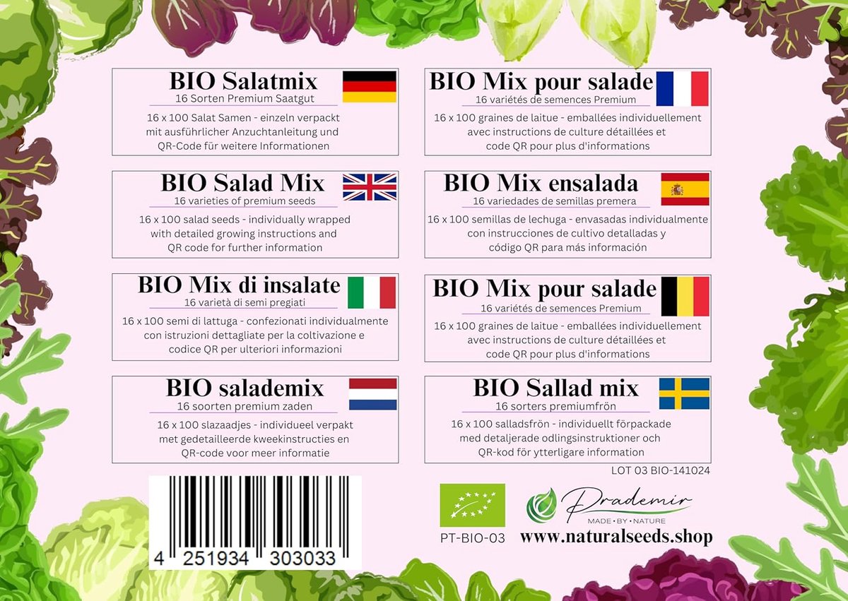 SnelShoppen - BIO Sla Zaad Set - 16 Varietieten Organische Sla Zaden - Weerbestendige Oude Varietiteiten - Perfect voor Tuin, Balkon, Groentetuin, Kas