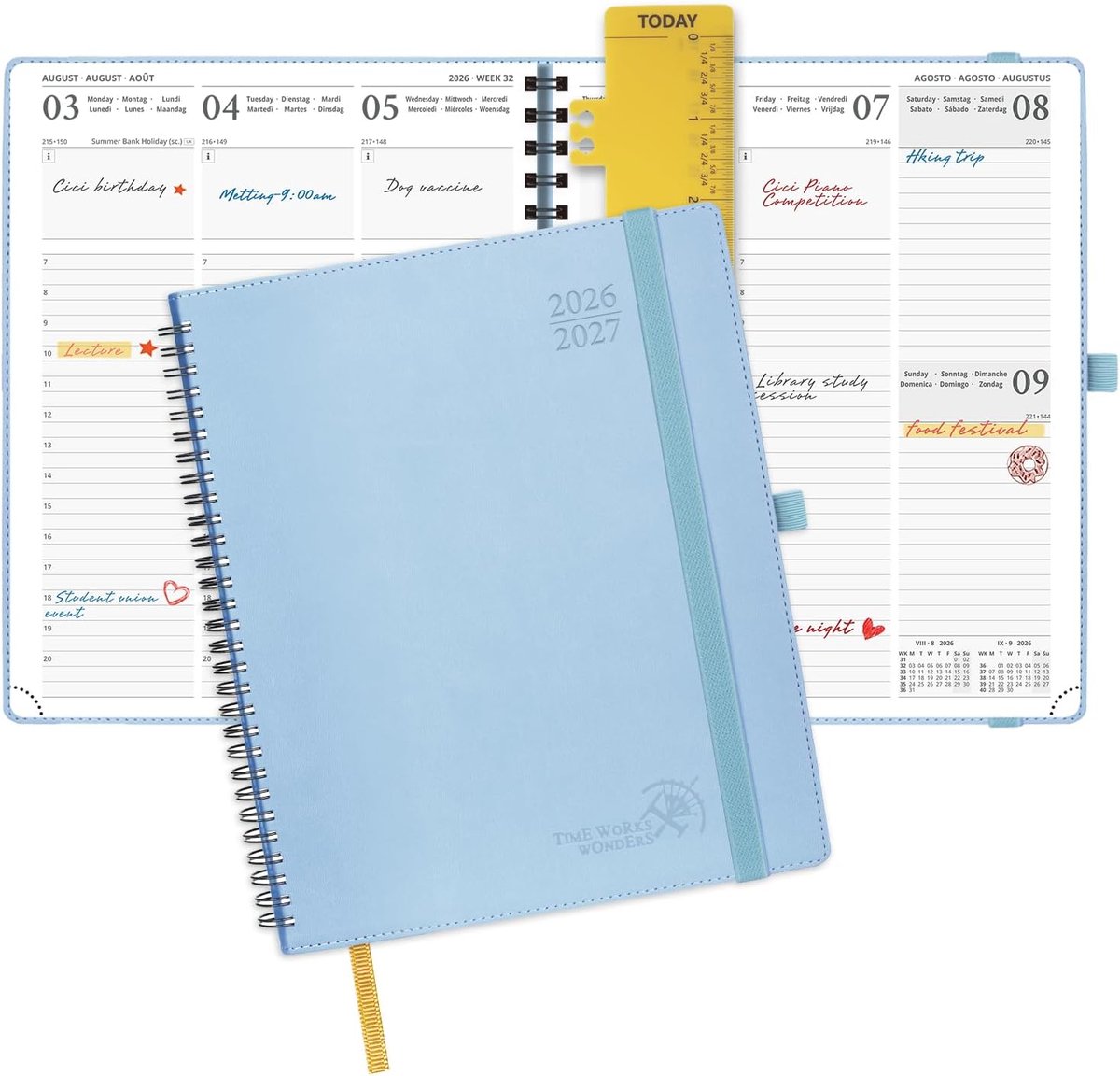 SnelShoppen - Agenda 2026 2027 - Weekly Planner 17 Maanden - Spiral Binding, 26.5 x 21.5 cm, Verticaal Uurrooster, Zachte PU Leren Kaft, Blauw