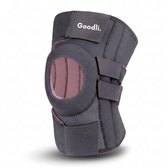 Grijze kniebrace met roze accenten, klittenbandsluitingen en open patella. "Goodli."