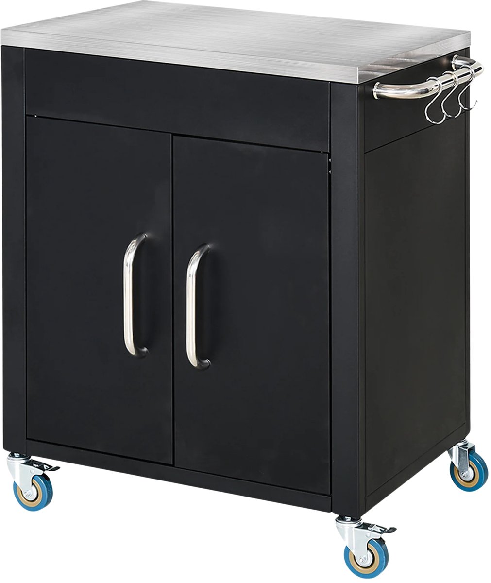 Keuken Trolley – Serveerwagen met Opbergkast – RVS Keukenwagen / Keukenkast op Wielen – Zwart
