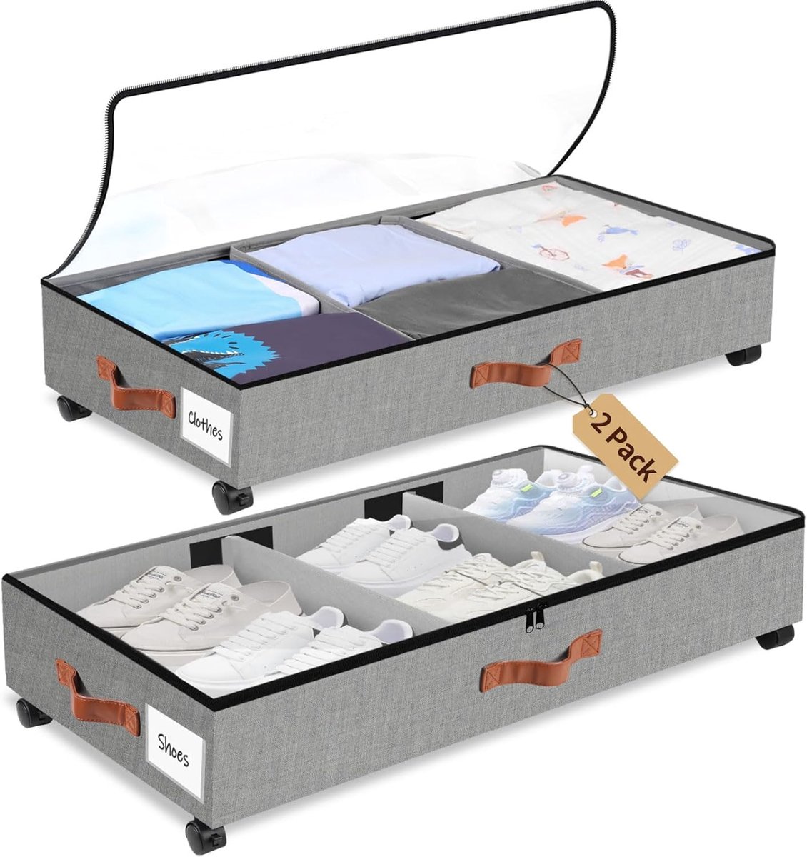 SnelShoppen - Underbed Opbergdozen met Wielen - 2 Stuks - Onderbed Kist met Duidelijke Deksel en Verstelbare Scheider - Schoenen en Kleding Opslagbox
