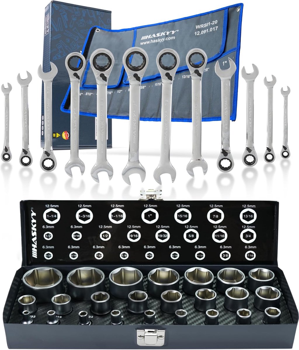 SnelShoppen - 36-delige Inch Tool Set Socket Wrench Set 5/32"-1.1/4" met 15° Werkhoek, 24 Steeksleutels en 12 Ringratels voor Klussen en Onderhoud