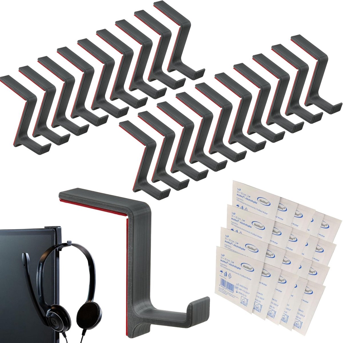 SnelShoppen - Headset Houder Monitor - Set van 20 Koptelefoon Haken Klein voor Smalle Kantoorkoptelefoons tot 22 mm Beugelbreedte - Inclusief Reinigin