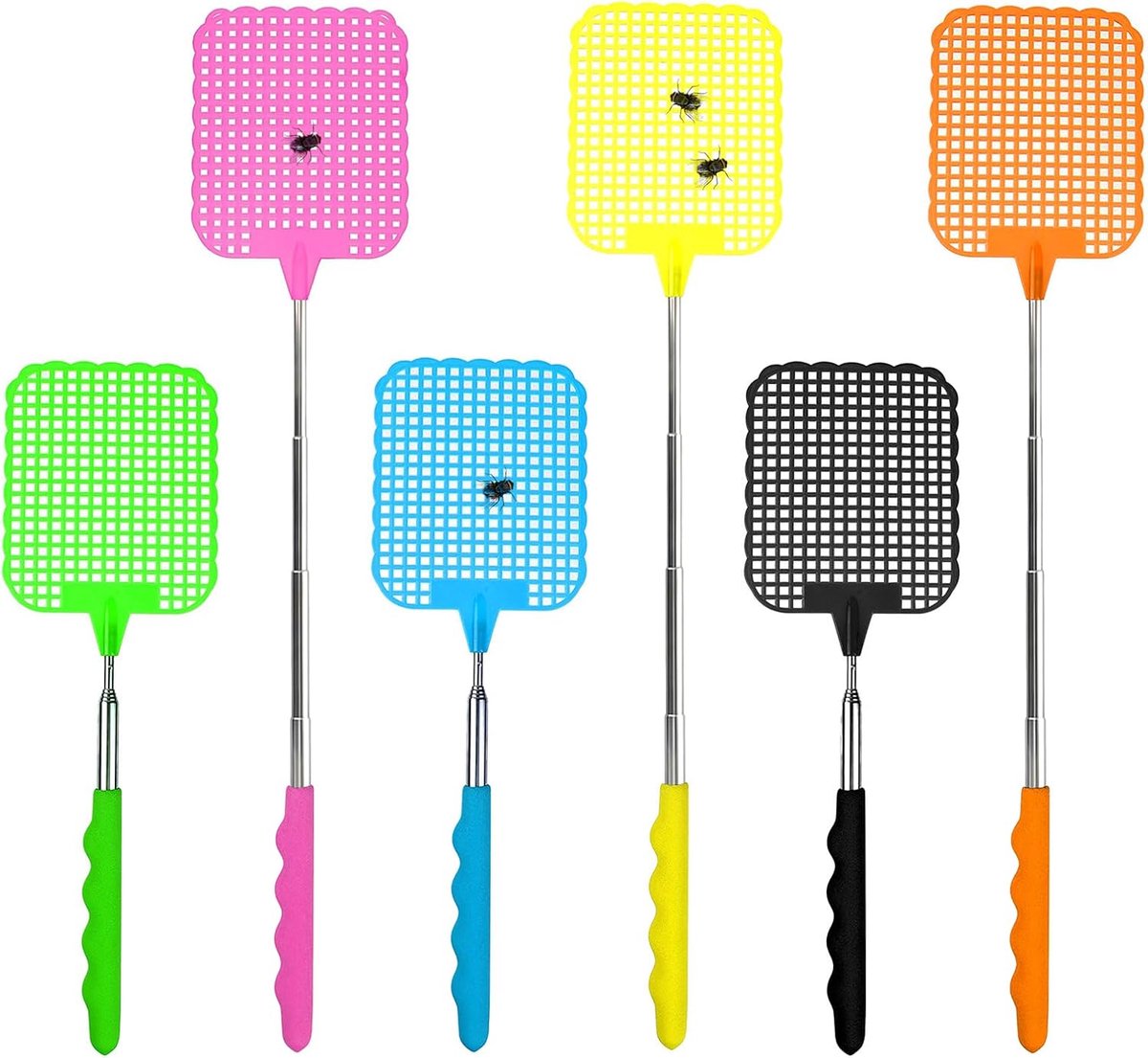 SnelShoppen - 6x Kleurrijke Uitschuifbare Vliegenmeppers van Plastic voor Insecten, Vliegen, Muggen - Ideaal voor Tuin, Keuken en Feesten