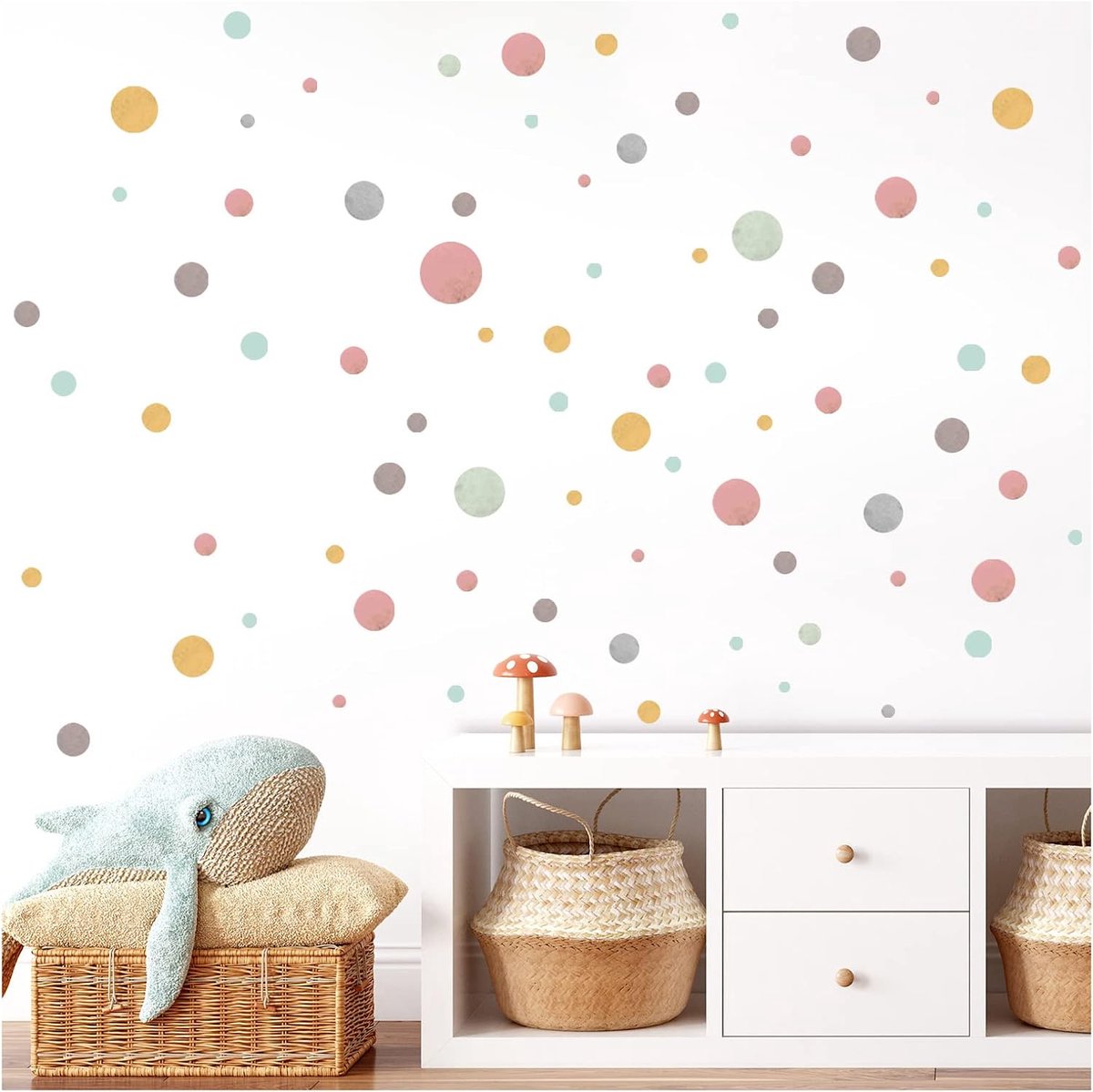 SnelShoppen - 120 Wandstickers voor Kinderkamer - Pastel Cirkelstickers in Rood, Mint en Grijs - Muurdecoratie voor Baby- en Kinderkamer - Zelfklevend