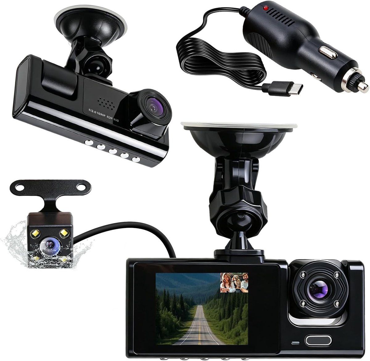 SnelShoppen - Dashcam voor Auto Met 3 Camera's, 1080p, 170° Ultrabrede Hoek, IR Nachtzicht, G-Sensor, 24-Uurs Parkeermodus, Wifi Loopopname, Ideaal Vo