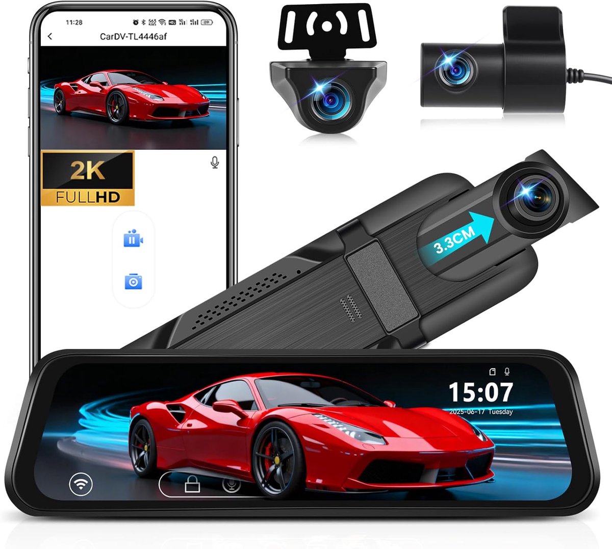 SnelShoppen - 9.66 Inch Dash Cam Achteruitkijkspiegel met 2 Camera's 2K en 1080P, Nachtzicht, G Sensor en WIFI App Controle voor Auto