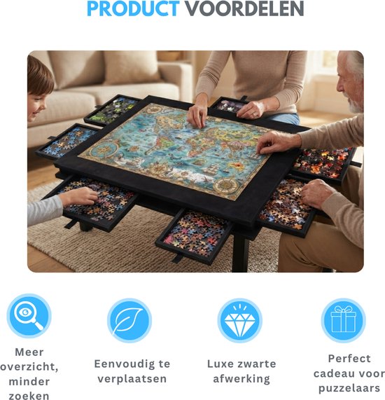 Familie aan tafel, puzzelend met een wereldkaartpuzzel op een zwart puzzelbord met lades.