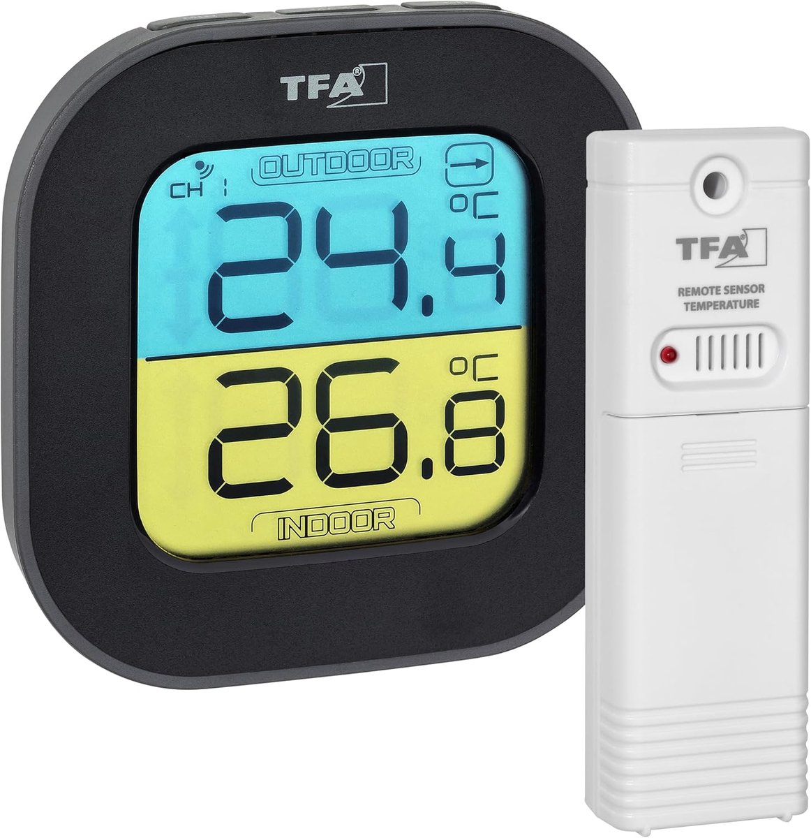 SnelShoppen - Digitale Thermometer voor Binnen en Buiten, Draadloze Sensor, Kleurendisplay, Max/Min Waarden, Zwart, Compact Formaat 88x19x88 mm