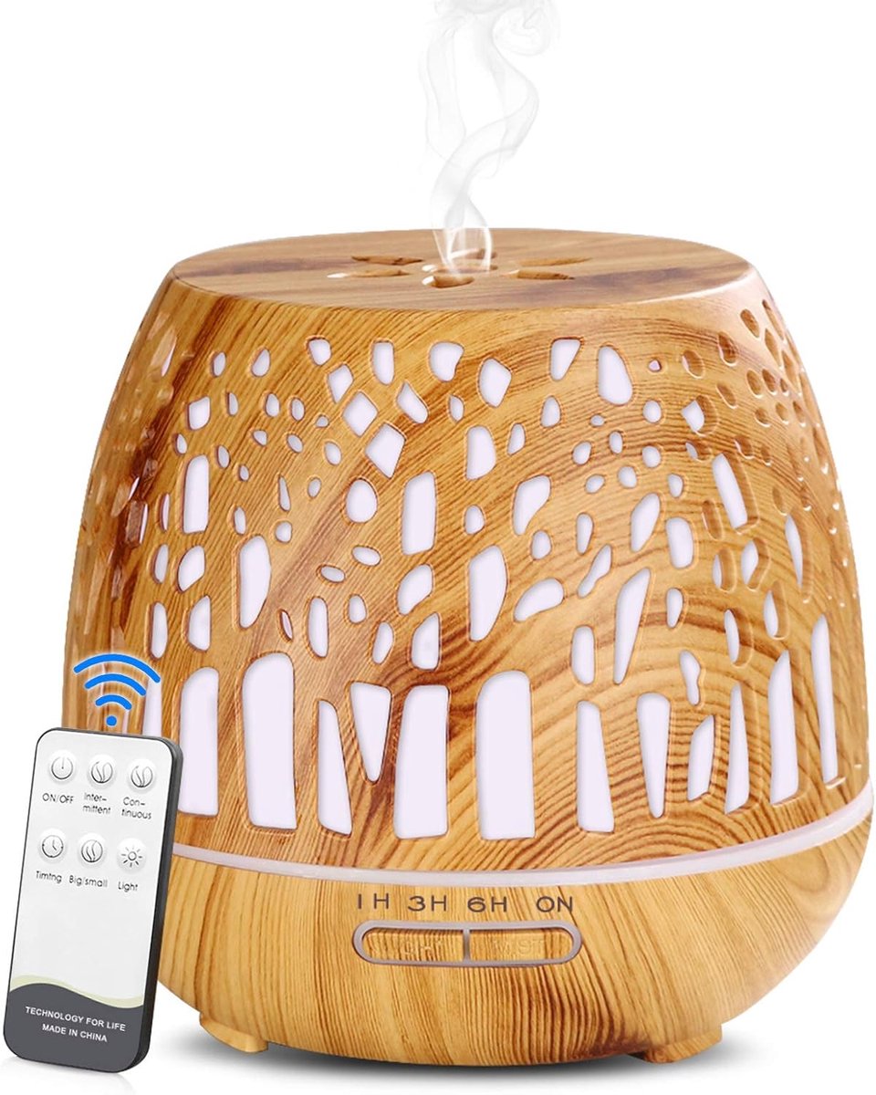 SnelShoppen - Ultrasonic Aroma Diffuser 400 ml met Afstandsbediening, Houten Design, Essentiële Olie Verdampfer, Lichtbruin, Decoratief en Functioneel
