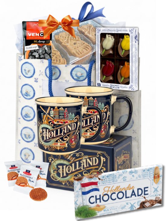 Holland geschenkmand met 2 mokken, chocolade, stroopwafels, drop en tulpenbonbons.