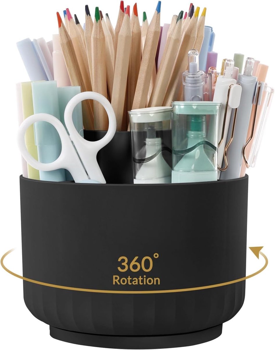 SnelShoppen - Desk Organizer 360° Rotating Pen Holder met 5 Compartimenten, Ruimtebesparende Pennenhouder voor Kantoor, School en Thuis - Zwart