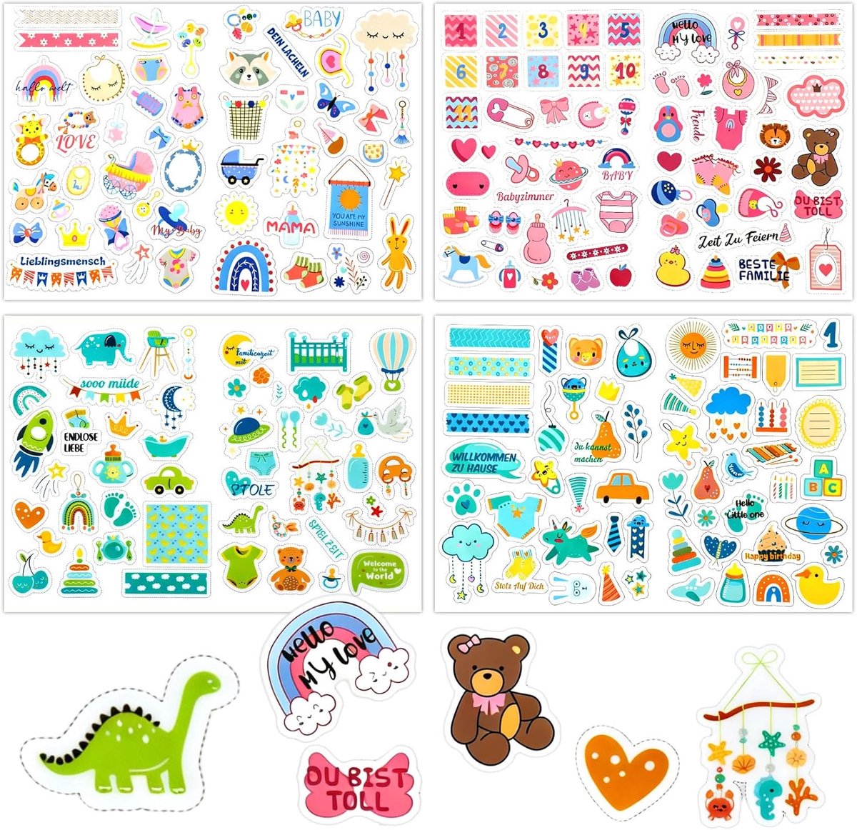 SnelShoppen - 4 Vellen Babyalbum Stickers, Fotoalbum Stickers, Babystickers voor Babyshower, Gastenboek, Lichtblauw, Waterdicht, Zelfklevend, Plakboek
