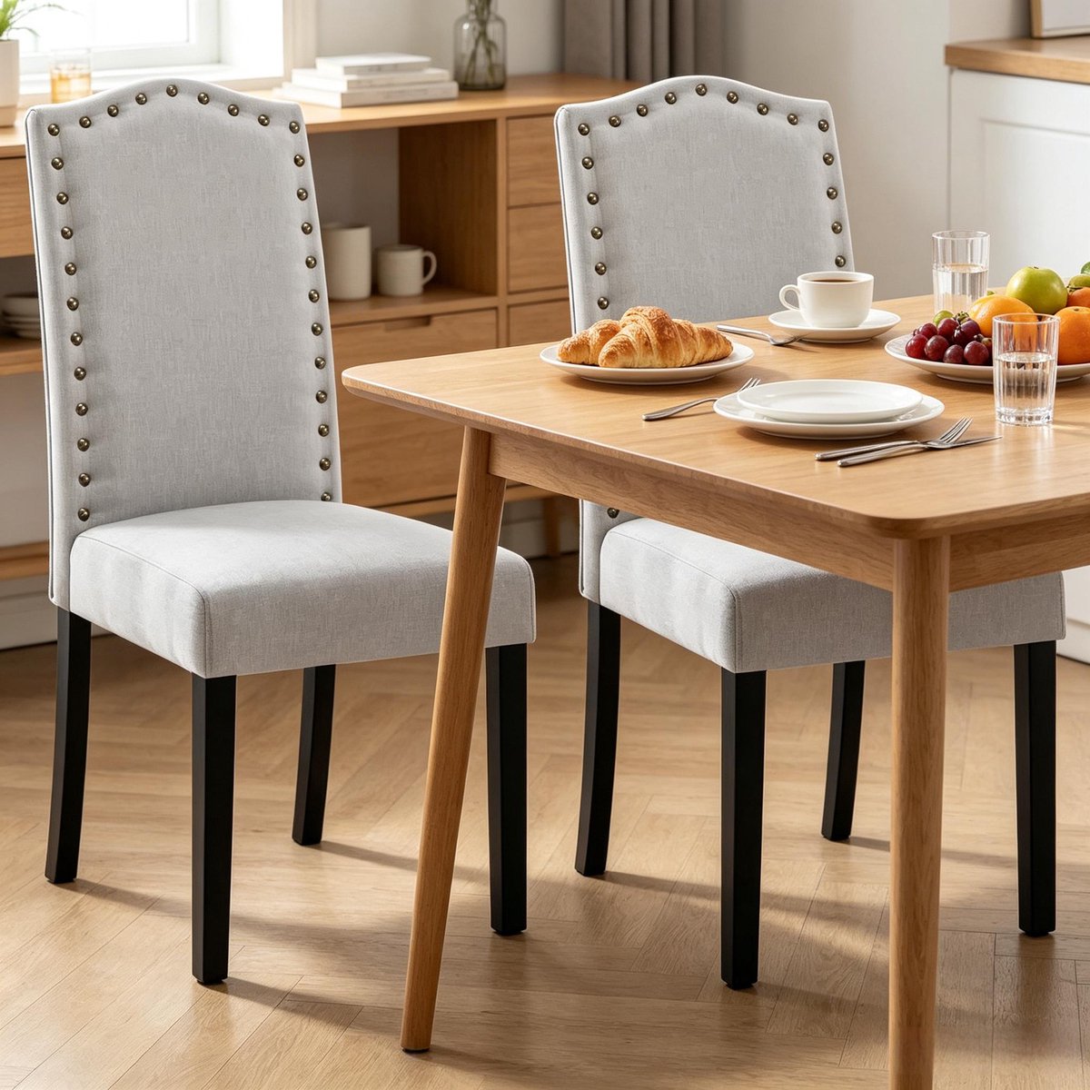 MEUNIQ Eetkamerstoelen set van 2 met hoge rugleuning, lichtgrijze stoffen zitting en houten poten, 48,5 x 43 x 102 cm, voor eetkamer, keuken of woonkamer Lichtgrijs