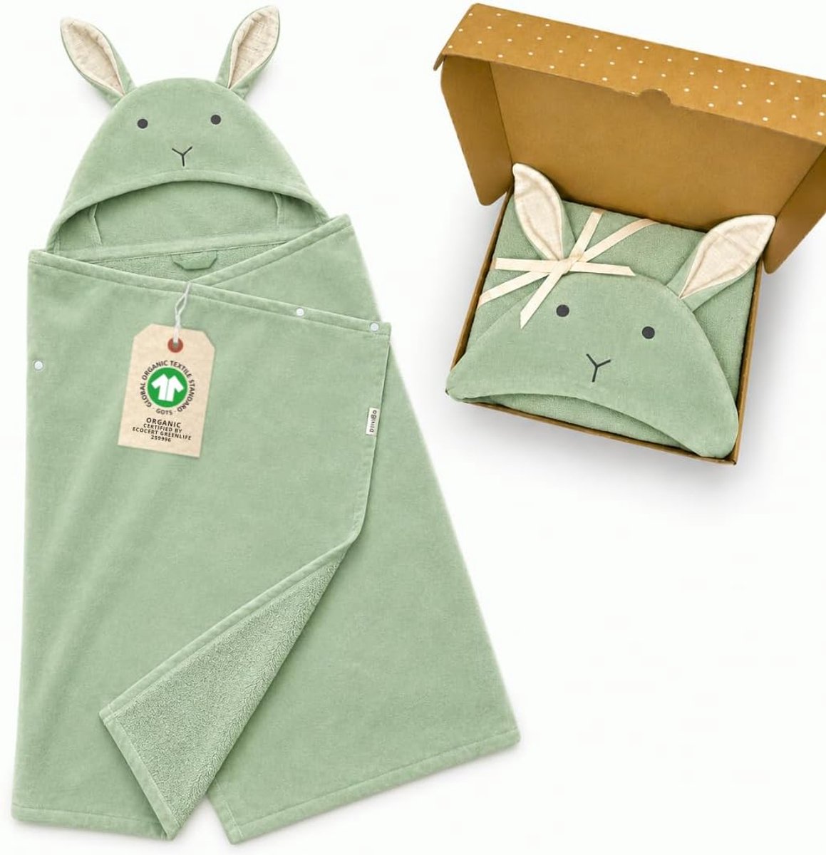 SnelShoppen - Handdoek met Capuchon Baby Peutertjes Kinderen 70x140 cm - Biologisch Katoen Badstof Velours - Mint - Badhanddoek Poncho met Haas voor K