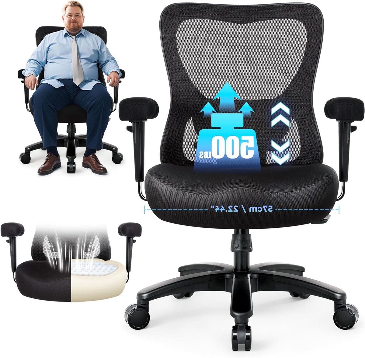 Ergonomische bureaustoel - XXL computerstoel - Langdurig comfort - Verstelbare lendensteun - Tot 220 kg - Zwart