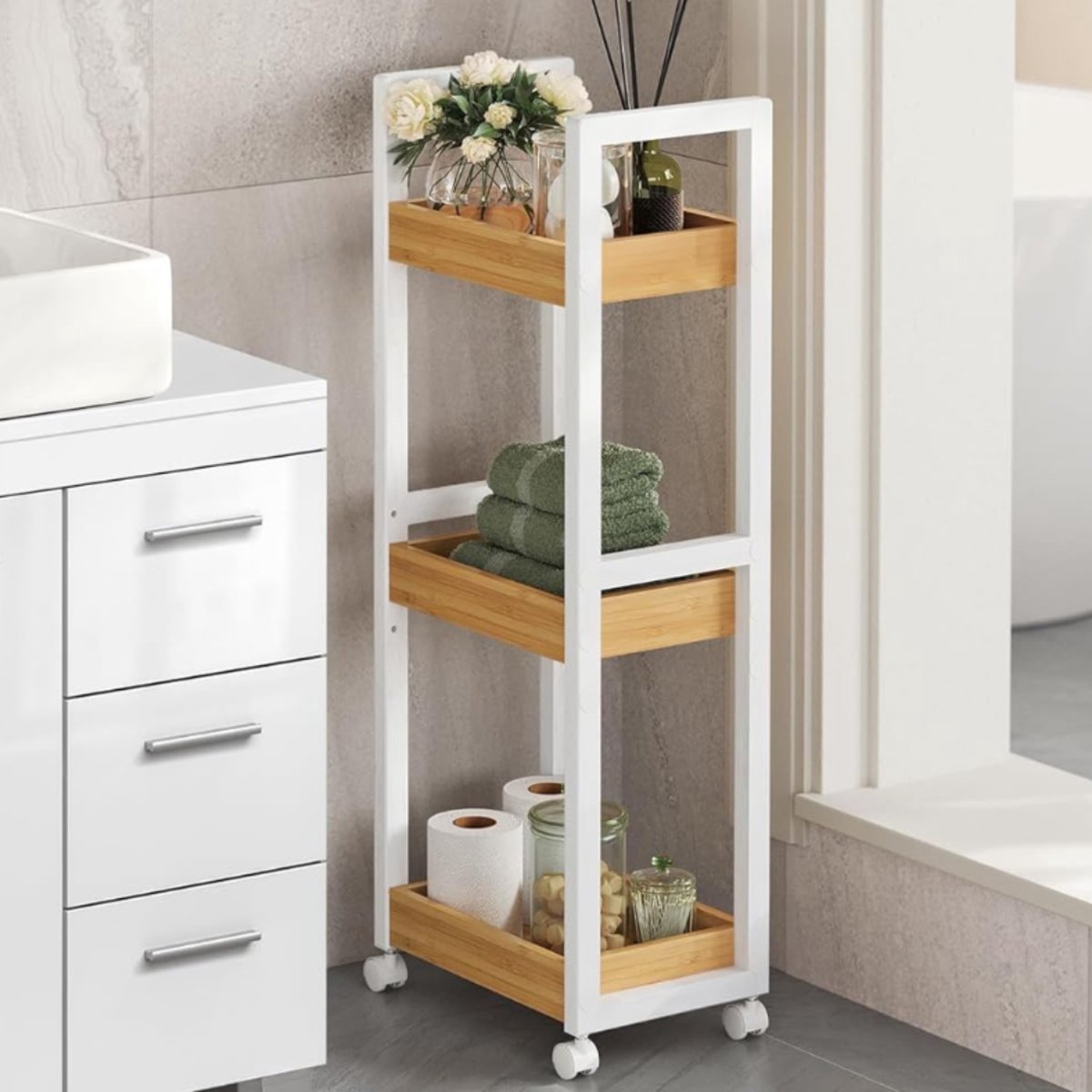 ACAZA Trolley - Keukentrolley - Keukentrolley op wieltjes - 30 x 20 x 80 cm - Smal & Ruimtebesparend - Bamboe Opbergkast - Voor Keuken/Badkamer/Bureau