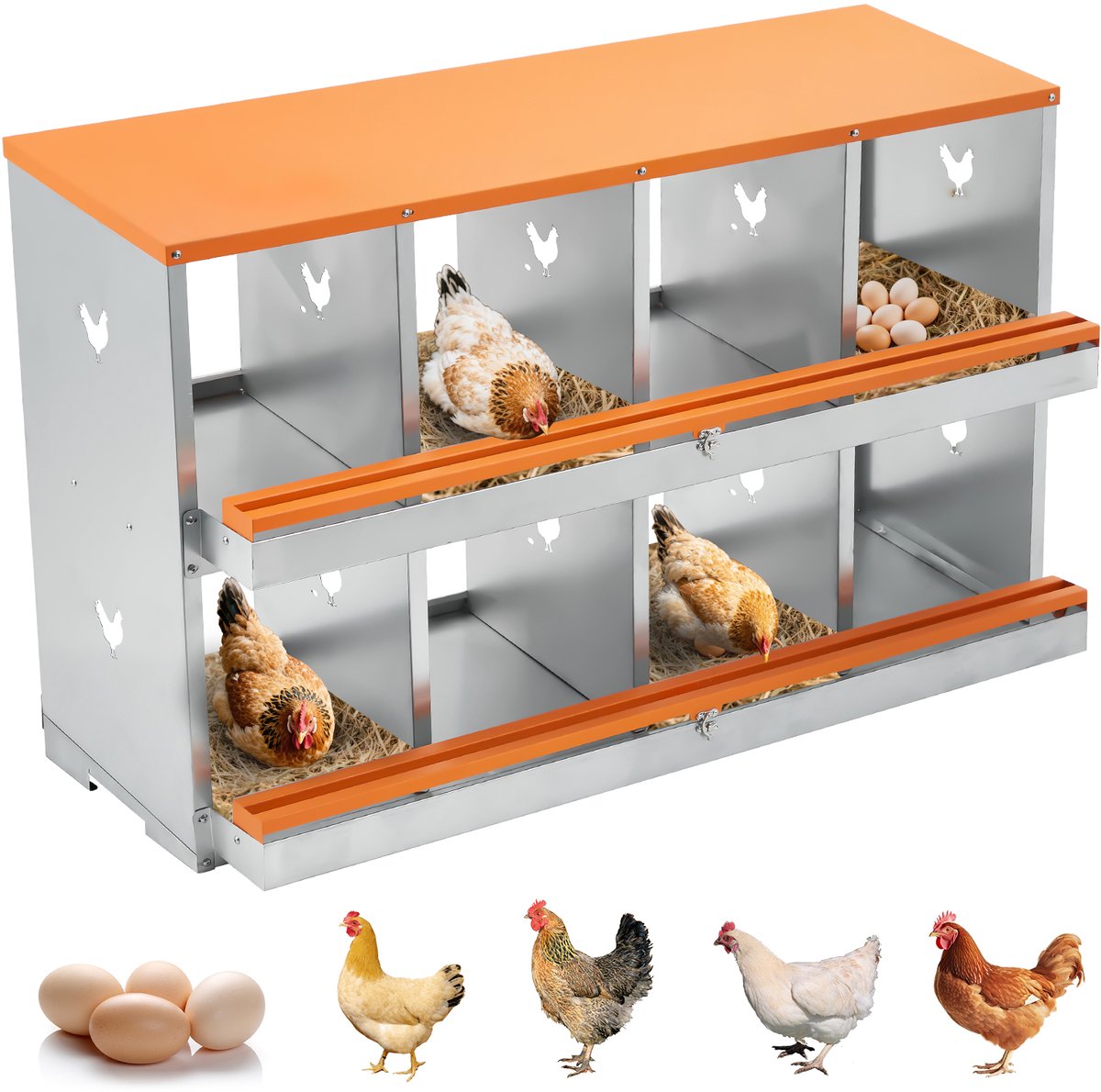 Kippenlegnest - Nistkast voor Kippen - Voor Buiten en Pluimvee - 108x43x64 cm - 8 Afdelingen Dubbellaags - Oranje-rood