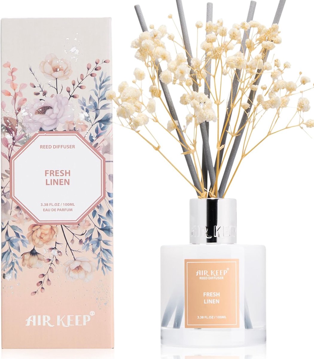 SnelShoppen - Airkeep Raumduft Fresh Linen Rietdiffuser 100ml met 8 Aromastokjes - Luchtverfrisser voor Badkamer, Woning, Huisdecoratie - Perfect Cade