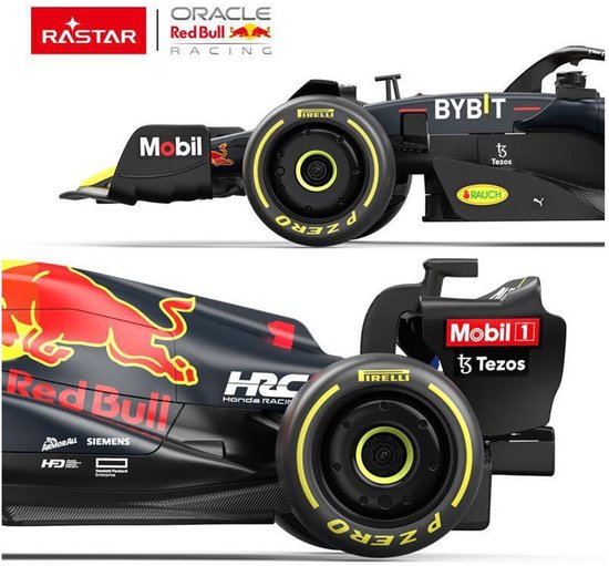 Detailfoto's van de zijkant van een zwarte Red Bull RB18 F1 auto.
