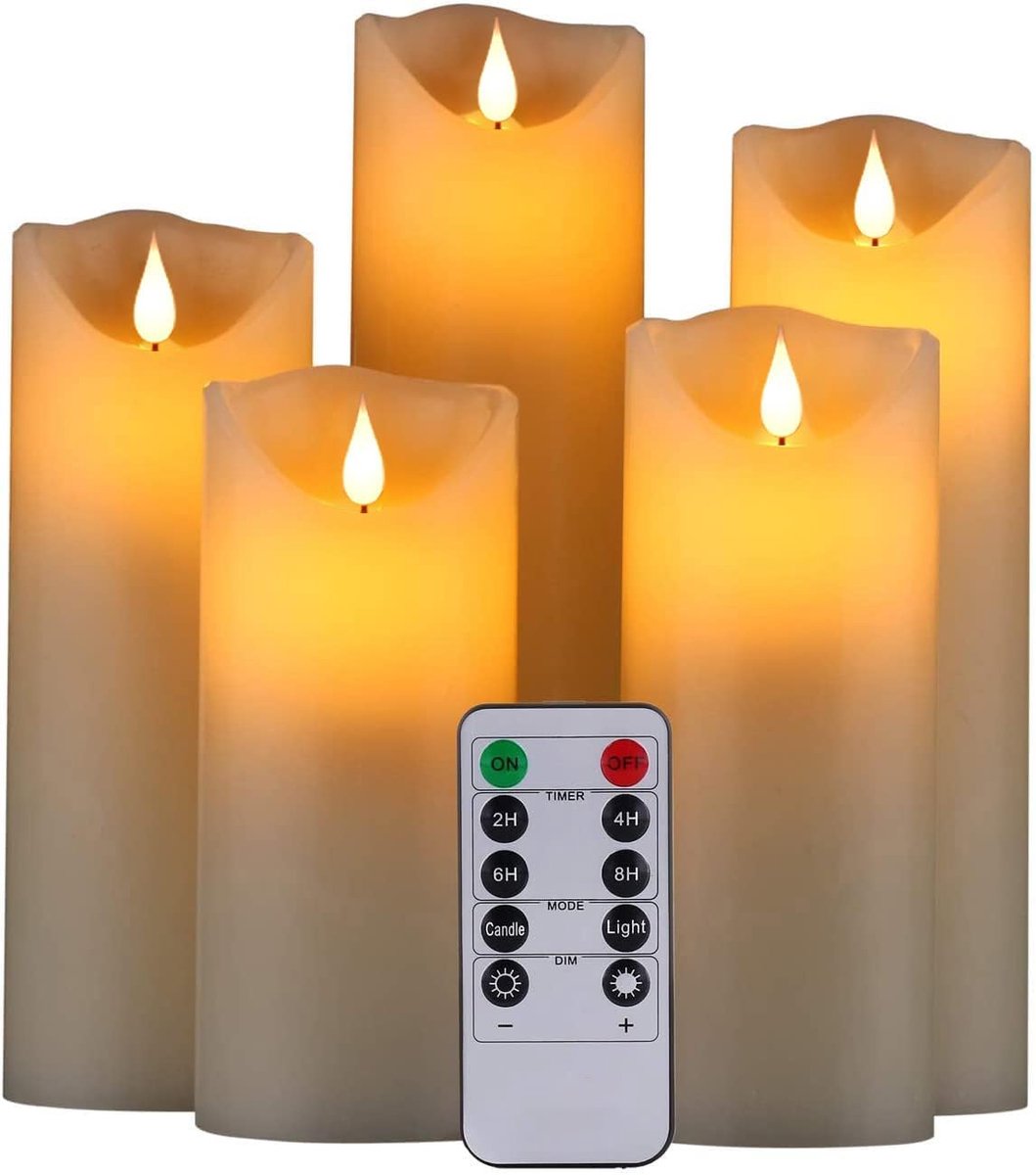 SnelShoppen - LED Vlamloze Kaarsen Set van 5 - 12,7 cm tot 22,9 cm - Echte Was met Realistische Dansende Vlam - Batterij Aangedreven - Perfect voor Fe