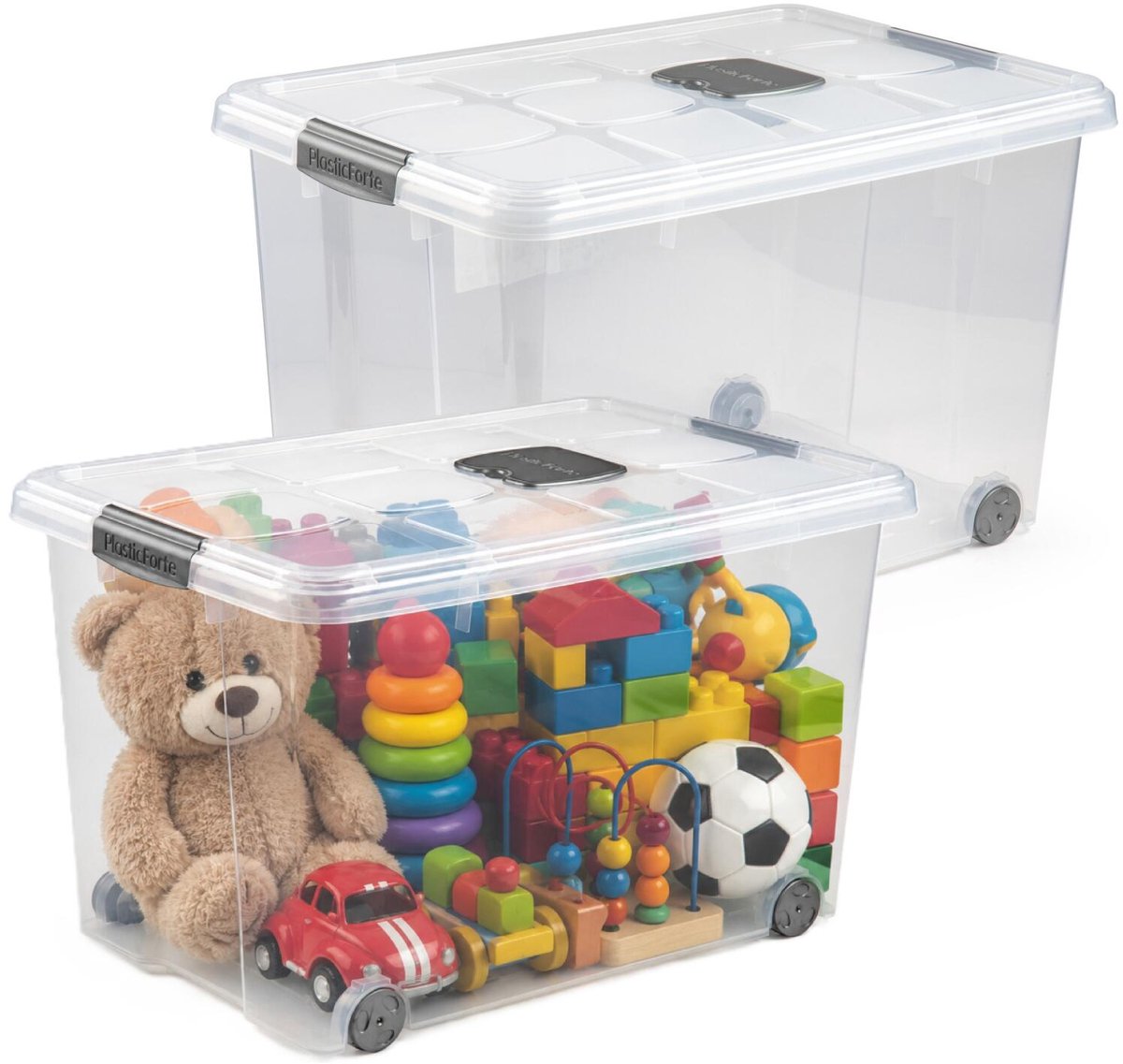 Plasticforte Opslagbox - 2x stuks - met deksel - 55L - 59 x 40 x 35 cm - transparant - opbergbak - met wielen