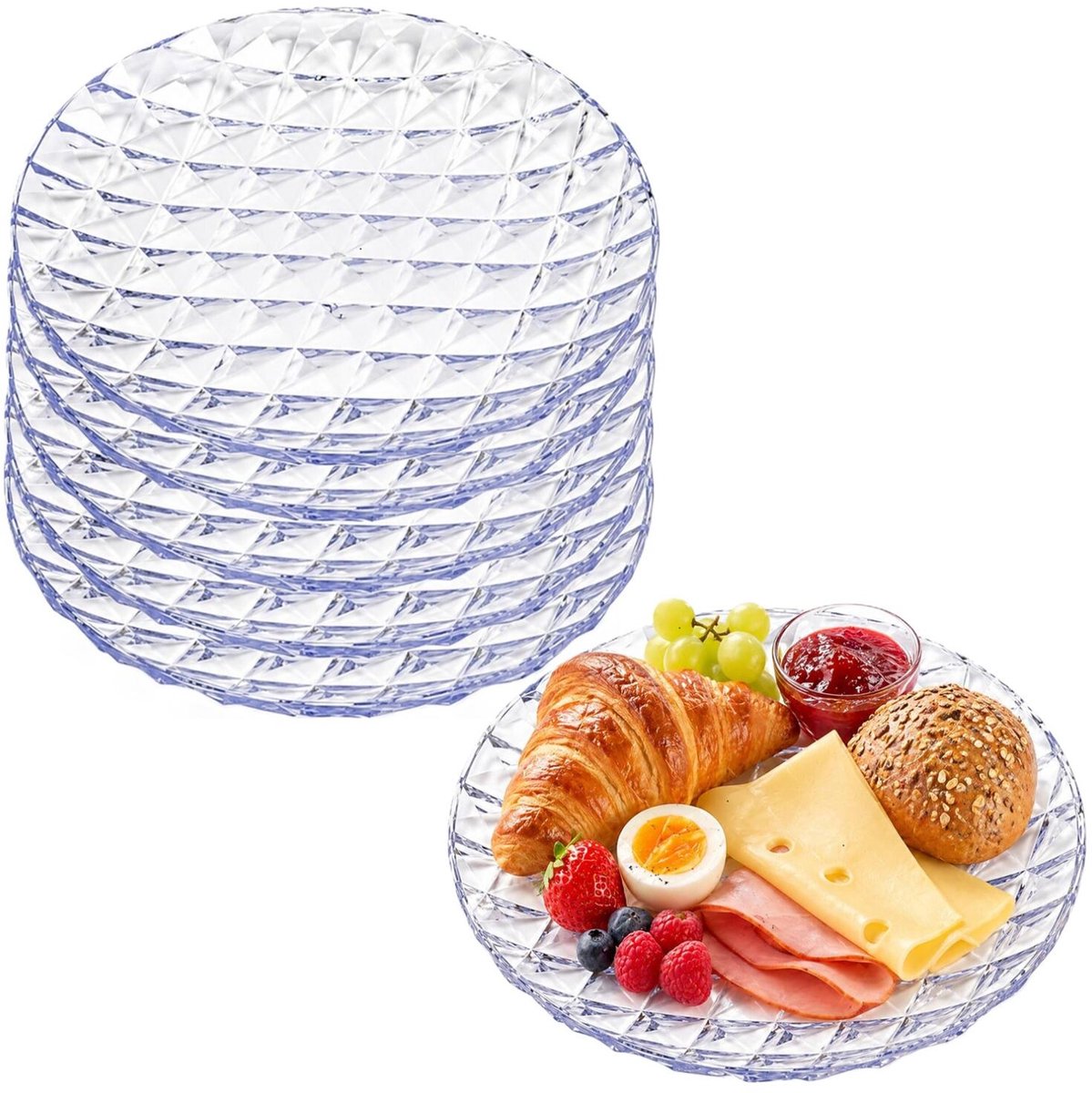 Plasticforte Onbreekbare Ontbijtborden Elite - 6x - kunststof - kristal stijl - transparant - Dia 22 cm - Camping - BBQ - Feestje