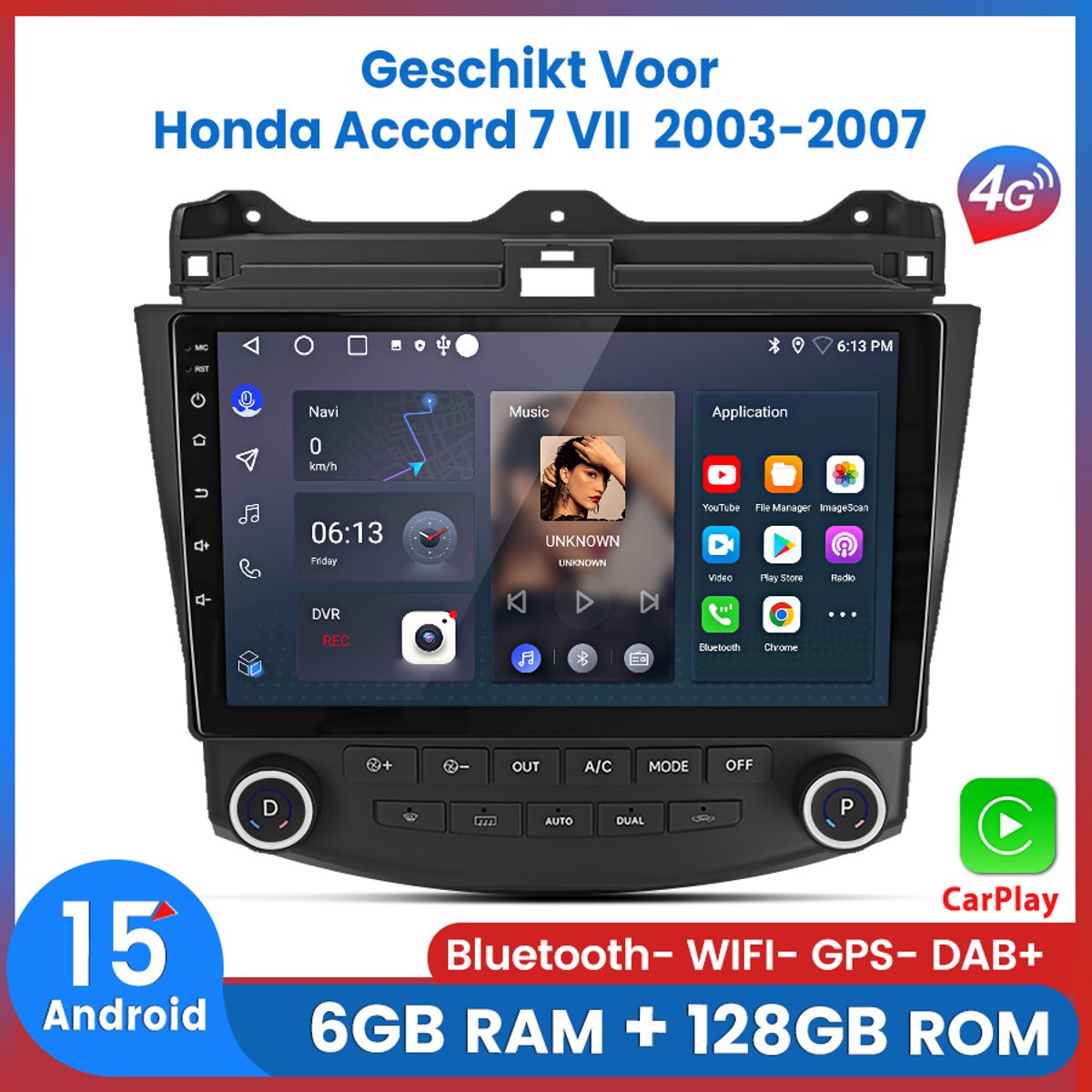 Awesafe Carplay Autoradio Geschikt voor Honda Accord 7 VII 2003 t/m 2007 - Android 15.0 - Draadloos Apple Carplay & Android Auto - 6GB + 128GB - 8-Core processor - Bluetooth & Wifi - GPS Navigatie - 2003 2004 2005 2006 2007