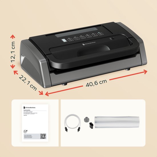 Machine sous vide KitchenBrothers noire avec dimensions 40,6 x 22,1 x 12,1 cm, rouleau de film et accessoires.