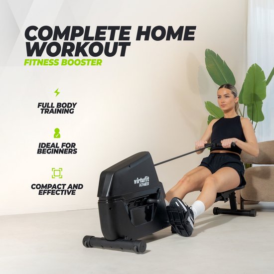 Vrouw traint op zwarte VirtuFit ROW100 roeitrainer in een woonkamer.