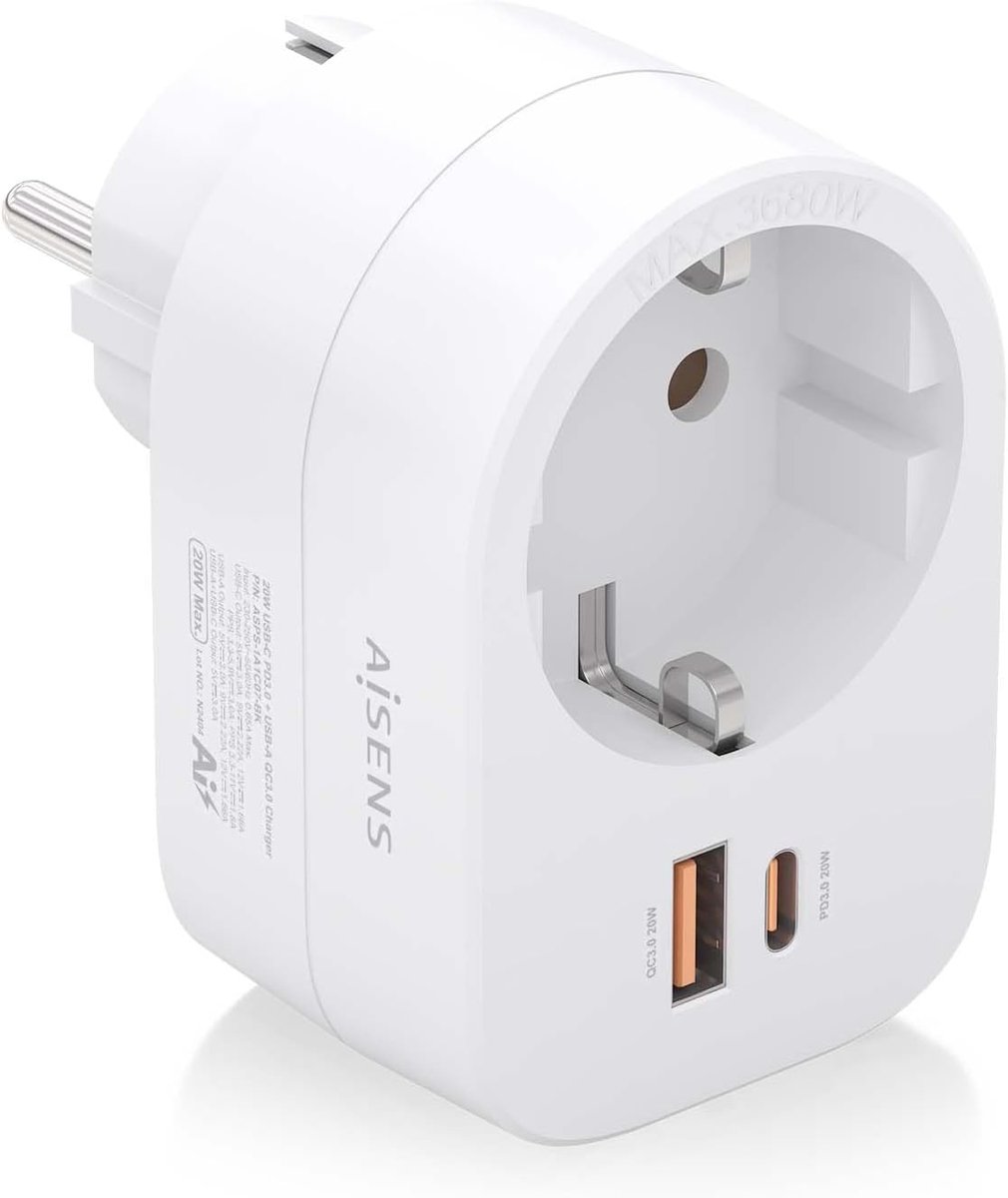 SnelShoppen - Stekkerdoos met 1 USB-C en USB-A 20 W snellader, AI technologie, bescherming tegen overbelasting, wit, ideaal voor thuis en onderweg