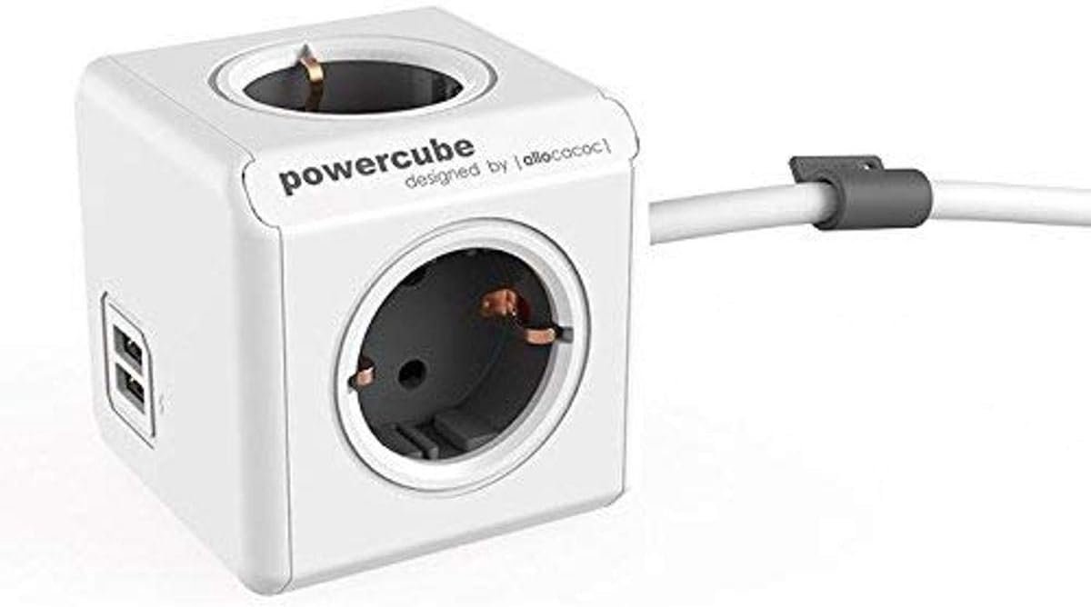 SnelShoppen - PowerCube Extended USB - 4x stopcontacten, 2x USB poorten, 1.5 m kabel, grijs/wit, ideaal voor thuis, kantoor, camping en meer