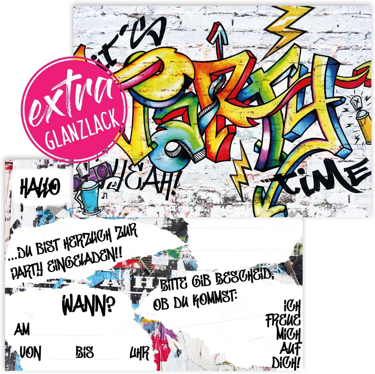 SnelShoppen - 12 Graffiti Uitnodigingen voor Kinderfeestjes en Verjaardagen - Perfecte Postkaarten voor Jongens en Meisjes - 14.8x10.5 cm - Geen Envel
