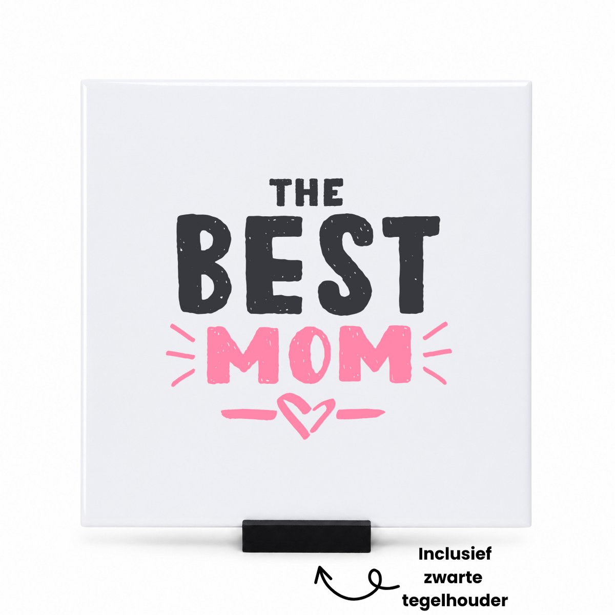Hacebo The best mom met roze hartje tegeltje met tegelhouder - Moeder - Best mom - tegeltjes met tekst - moederdag cadeautje - Cadeau voor mama - Verjaardag - Geschenk - Cadeau - Gift - spreuktegels - 15x15 CM Wit