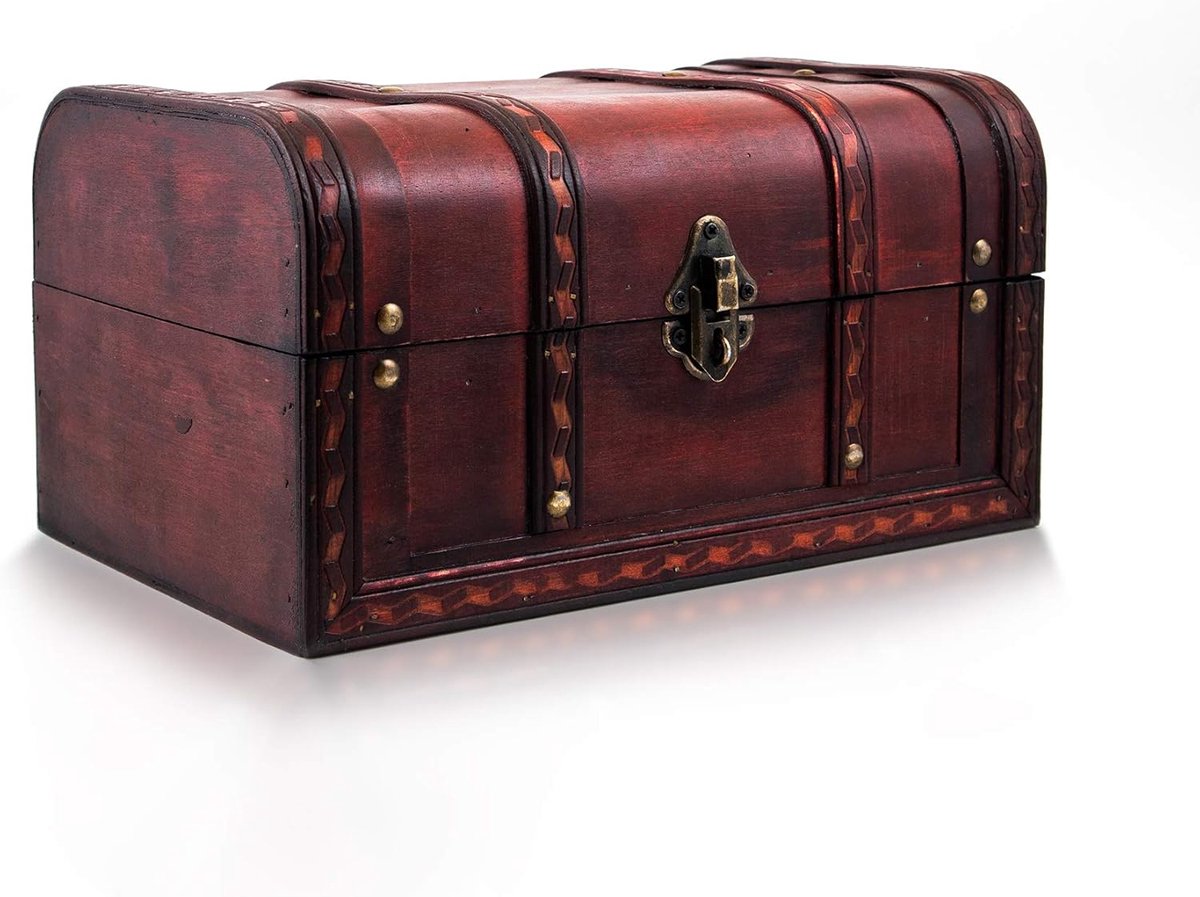 Thijox - Schatkist Caribe Houten Kist met Slot en Sleutel, 28 x 19 x 15 cm, Rustieke Opbergkist voor Sieraden, Speelgoed, Munten en Geschenken voor Br