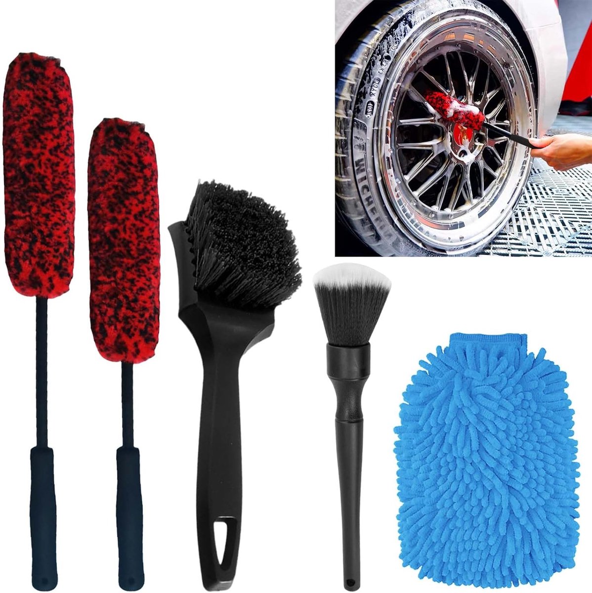SnelShoppen - Auto Reinigingsset 5 delig - Auto Onderhoud Kit met Velgenborstel, Microfiber Velgenborstel, Harde en Zachte Borstels, Motorwas Handscho