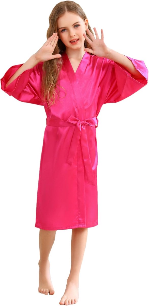 SnelShoppen - Satin Zijde Kimono Badjas voor Kinderen Meisjes - Luxe Spa, Bruiloft, Verjaardag Party Cadeau - Roze, Maat 110-140