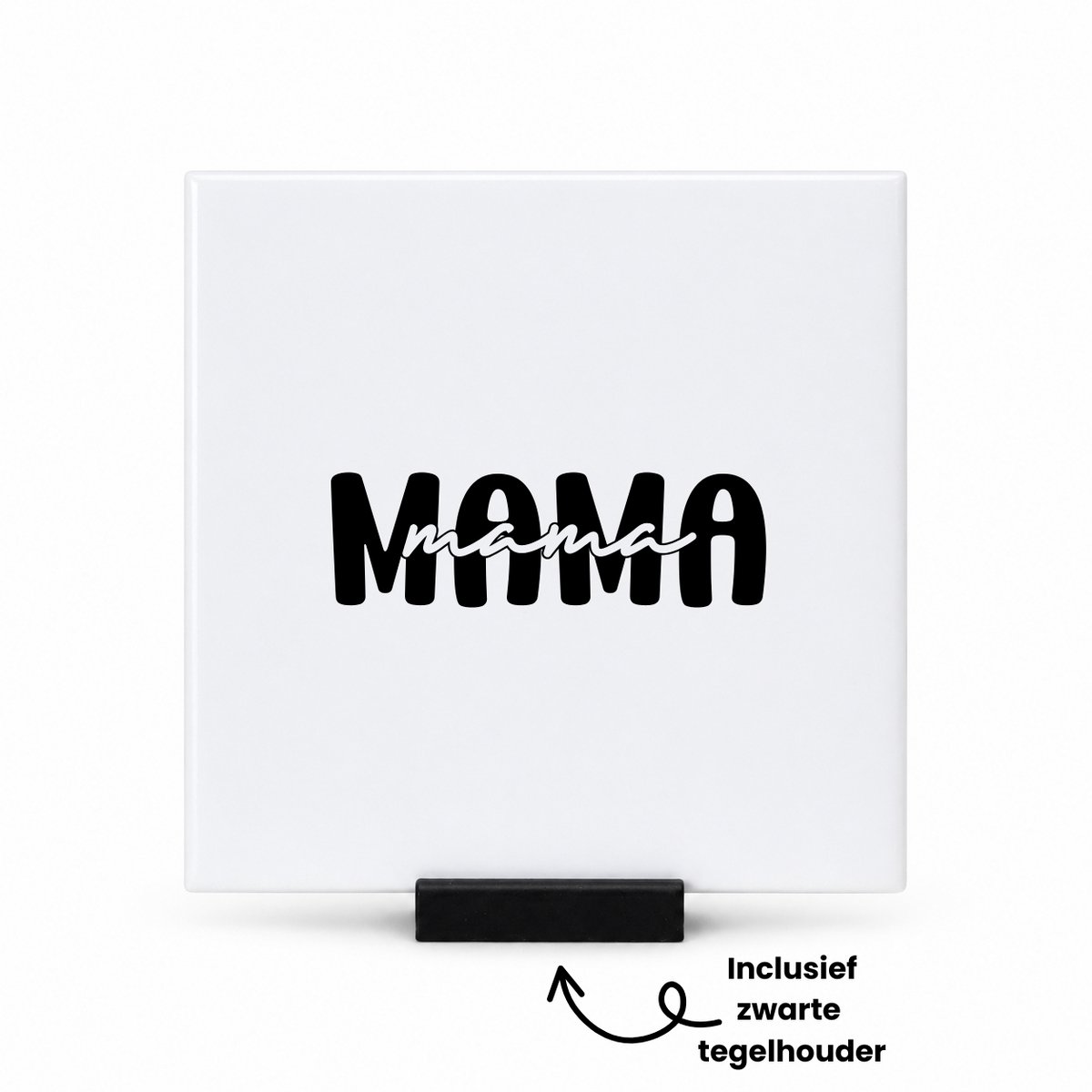 Hacebo Mama in moderne zwarte blokletters tegeltje met tegelhouder - Liefste mama - Mama - tegeltjes met tekst - moederdag cadeautje - Cadeau voor mama - Verjaardag - Geschenk - Cadeau - Gift - spreuktegels - 10.8x10.8 CM Wit