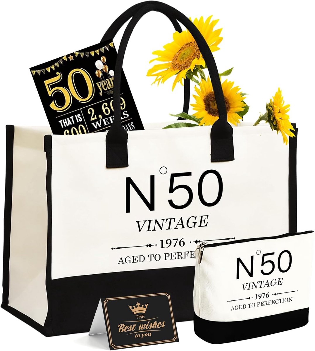 SnelShoppen - 50ste Verjaardag Cadeau voor Vrouwen - Canvas Tote Bag, Cosmetica Tas, Vintage N°50 Poster, Persoonlijke Groetkaart, 50 Jaar Oud Geschen