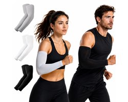 Compressie Arm Sleeves – 3 Paar (6 Mouwen) – Verkoelende Sportmouwen – UV Bescherming – Ademend & Sneldrogend – Hardlopen, Fietsen, Motorrijden, Fitness – One Size (M–XL) – Zwart, Wit & Grijs
