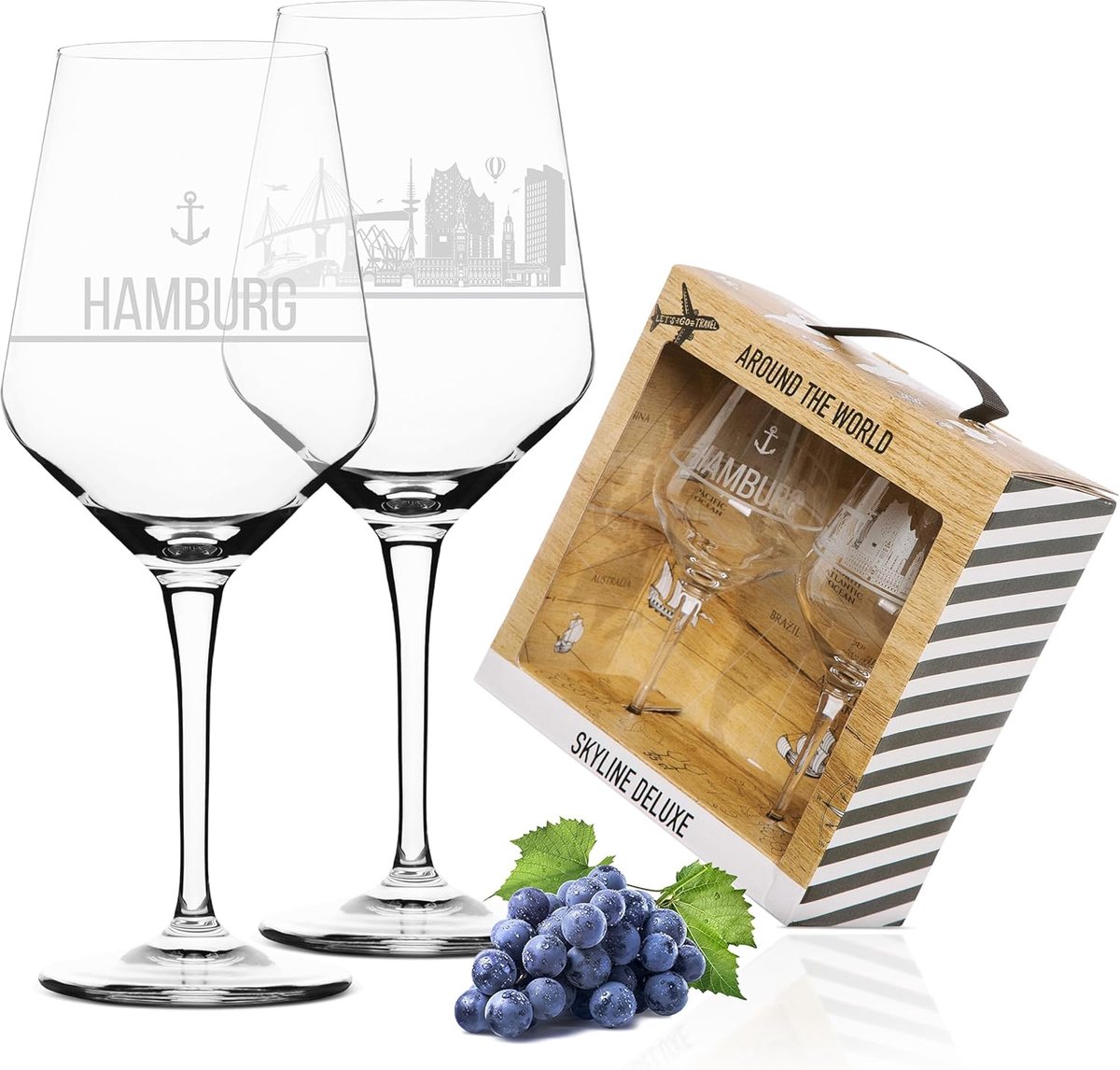 SnelShoppen - Set van 2 Hamburg Wijn glazen met elegante etching, Hoogwaardige kwaliteit in een luxe geschenkdoos, Perfect voor Moederdag, Vaderdag, V