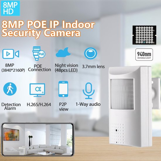 SnelShoppen - UltraHD 4K POE IP Camera met Audio, 8MP Nachtzicht, PIR Beweging Detectie, 940nm IR LED, Microfoon, 3.7mm Lens voor Binnengebruik — afbeelding 5