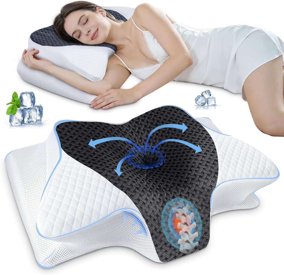 SnelShoppen - Ergonomisch 2-in-1 Nekkussen - Geheugenfoam Cervicaal Kussen - Orthopedische Nekondersteuning - Voor Rug-, Zij- en Buikslapers - Grijs -