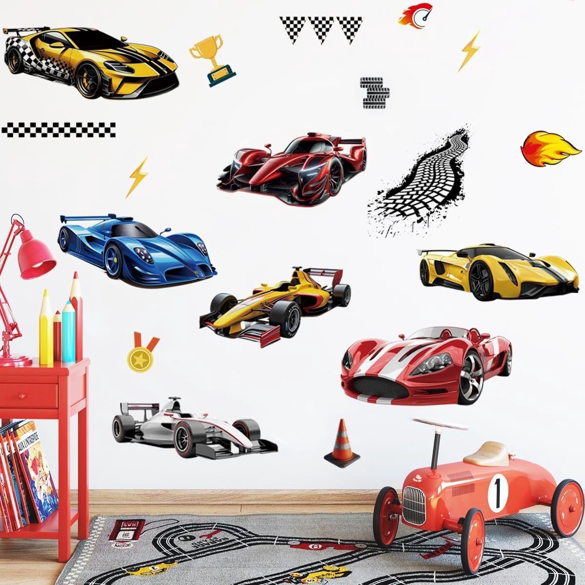 SnelShoppen - Racing Auto Muurstickers voor Jongens Kamers - Vinyl Wanddecoratie met 7 Stijlen, Milieu-vriendelijk, Waterdicht, Herbruikbaar - Speelka