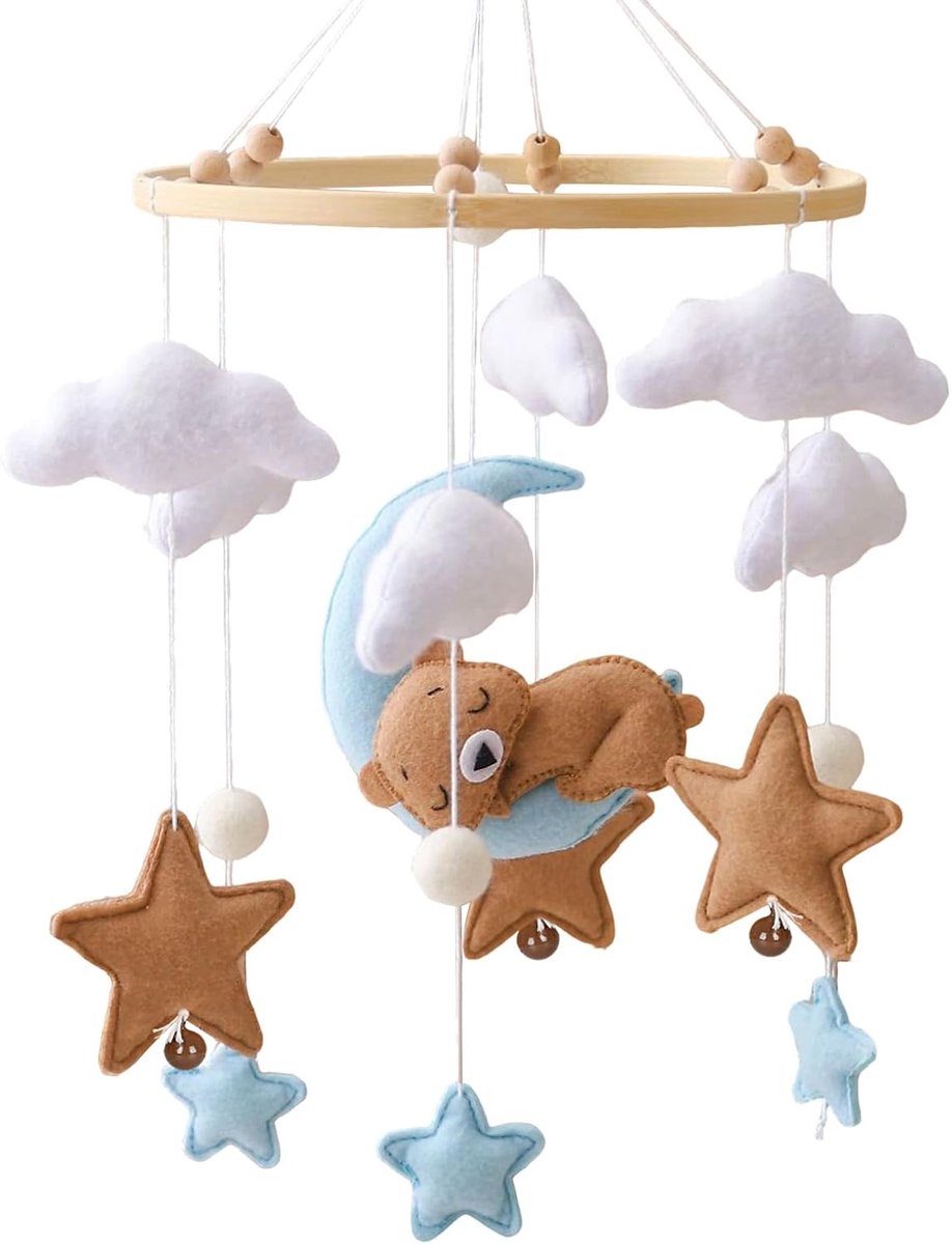 SnelShoppen - Baby Bedmobiel met Beer, Maan, Sterren en Wolken | Multifunctionele Speelgoeddecoratie voor Crib | Handgemaakt van Vilt en Hout | Geschi